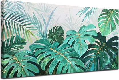 Enartly Palm Green Leaf Canvas Wall Art for Living Room, Monstera Tropical Leaf Painting Jungle Plant Picture Nature Artwork Print Framed Bedroom Hallway Office Home Decor, Large 58"x29"