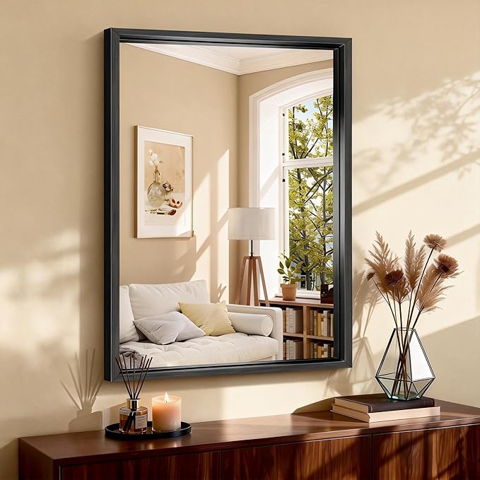 CIRCUMI 30"x42" Brushed Black Mirror with Chunky Box Metal Frame, Bathroom Mirror for Vanity Remodel & New Home, Living Room, Entryway, Rectangular Wall Mirror, Tempered Glass, Vertical or Horizontal
