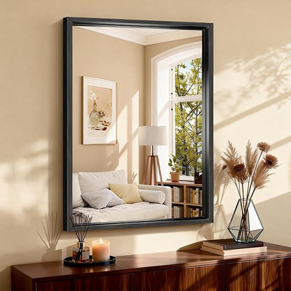 CIRCUMI 30"x42" Brushed Black Mirror with Chunky Box Metal Frame, Bathroom Mirror for Vanity Remodel & New Home, Living Room, Entryway, Rectangular Wall Mirror, Tempered Glass, Vertical or Horizontal