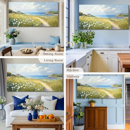 SERIMINO Seaside Nature Large Wall Art, Coastal Landscape Big Canvas Prints, Meadow Wildflowers Pictures Wall Decor, Sunny Scenery Home Decorations for Living Room Bedroom Farmhouse Cottage 29"X57"