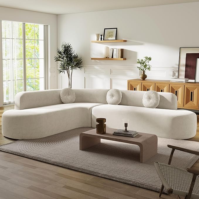 Deep Seat Curved Sectional Sofa - Cloud Round Couch with Elegant Curved Design & 3 Round Cushions, L-Shaped Comfy 4 Seater Floor Sofa, No Assembly Required (Beige)