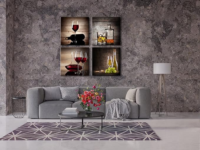 Wieco Art Red Wine Cups Large Modern 4 Panels Gallery Wrapped Abstract Giclee Canvas Prints Artwork Contemporary Vintage Pictures Paintings on Canvas Wall Art for Living Room Home Decor