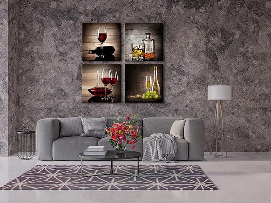 Wieco Art Red Wine Cups Large Modern 4 Panels Gallery Wrapped Abstract Giclee Canvas Prints Artwork Contemporary Vintage Pictures Paintings on Canvas Wall Art for Living Room Home Decor