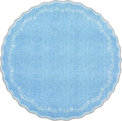 GarveeHome Round Area Rugs 5ft for Bedroom, Solid Blue Washable Circle Rug Soft Non Slip Floral Print Floor Mat Carpet Indoor Thin Rug for Kids Room Dining Room Playroom Nursery