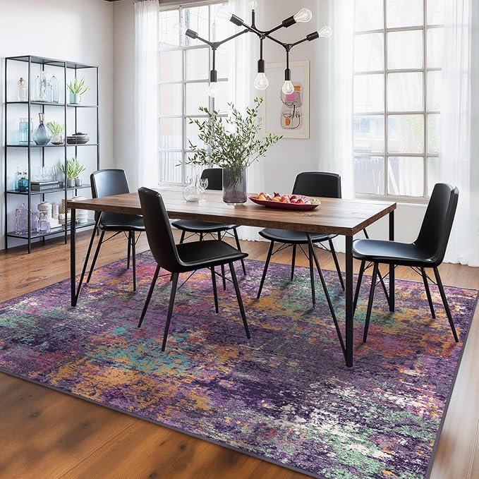 RELEANY Washable Area Rugs 8'x10' Non-Slip Modern Abstract Soft for Living Room Entryway Bedroom Nursery, Print Pattern, Purple Orange Blue Green Rust Red Colorful