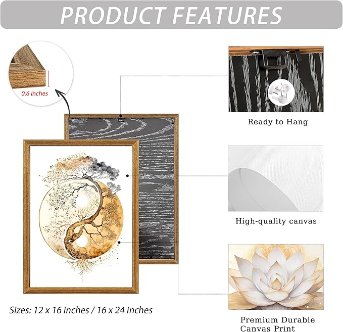 ICHZUMW Tree of Life Zen Canvas Wall Art, Yoga Room Wall Decor, Abstract Lotus Flower Yin Yang Taichi Paintings, Spiritual Pictures Prints Artwork, Living Room Bedroom Spa Meditation Space, 12x16in