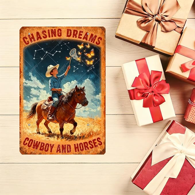 Cowboy and Horses Sign Cowboy Vintage Tin Sign Chasing Dreams Metal Poster Home Farmhouse Wall Decor 16x12 Inch