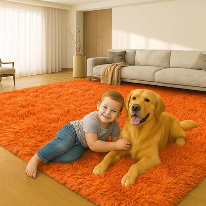 Area Rugs for Living Room, Orange 6x9 Rugs for Bedroom, Long Shaggy Furry Carpet Plush Fluffy Carpet, Non-Slip Upgrade, Suitable for Kids Dorm Home Decor Aesthetics.