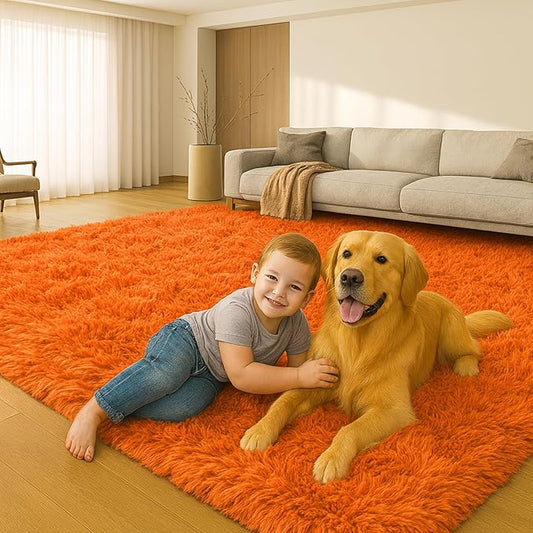 Area Rugs for Living Room, Orange 6x9 Rugs for Bedroom, Long Shaggy Furry Carpet Plush Fluffy Carpet, Non-Slip Upgrade, Suitable for Kids Dorm Home Decor Aesthetics.