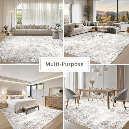 Srugn Washable Rugs 10x14 Area Rugs for Living Room,Modern Abstract Rugs for Bedroom,Large Carpets,Ultra Soft Faux Wool Retro Dining Room Rug,Non Slip&Non-Shedding Low Pile Print Rug- Beige Grey