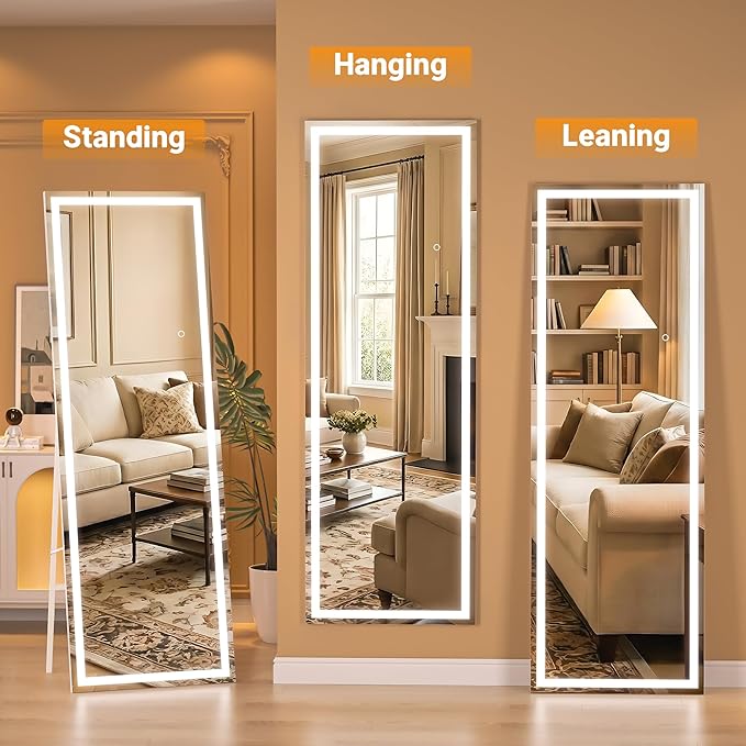 Full Length Mirror with Lights, 56" x 18" LED Lighted Floor Standing Body Mirror, Dimmable & 3 Color Lighting for Bedroom, Cloakroom, Dressing Room, Tempered Glass, Square White