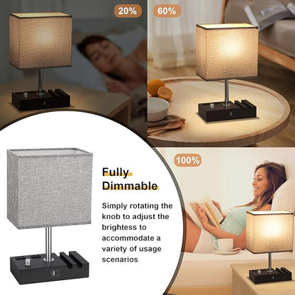 Kakanuo Fully Dimmable Bedside Lamps for Bedroom with USB C Ports, Grey USB Table Lamp Set of 2, Wooden Desk Lamp with 2 Charging Outlets and Phone Stand for Nightstand and Living Room, Bulb Included
