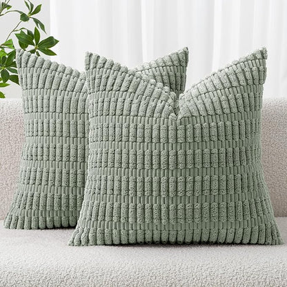 MIULEE Pack of 2 Spring Corduroy Decorative Throw Pillow Covers 16x16 Inch Soft Boho Striped Pillow Covers Modern Farmhouse Home Decor for Summer Sofa Living Room Couch Bed Greyish Green
