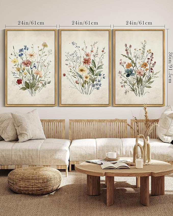 Drsoum Vintage Flower Bouquet Framed Retro Wildflower Botanical Pictures Prints Modern Colorful Floral Rustic Artwork Bedroom Living Room Ready to Hang 24x36in Natural Framed