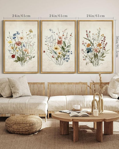 Drsoum Vintage Flower Bouquet Framed Retro Wildflower Botanical Pictures Prints Modern Colorful Floral Rustic Artwork Bedroom Living Room Ready to Hang 24x36in Natural Framed