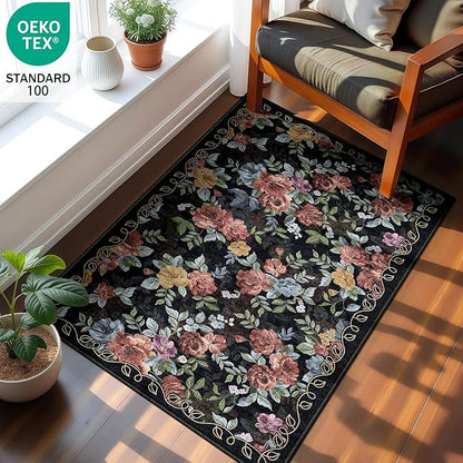 2x3 Machine Washable Area Rug for Entryway, Dark Blue Black Vintage Boho Floral Rug Non-Slip Low Pile Soft Faux Wool Small Carpet, Kids and Pets Friendly for Bedroom Kitchen Hallway Bedside Decor Rug