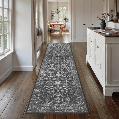 3x10 Black Runner Rug Hallway Washable Area Rugs Kitchen Vintage Boho Non Slip Long Rug Floral Carpet Indoor Retro Soft Low Pile Throw Rug for Bedroom Bathroom Laundry Dining Living Room Office