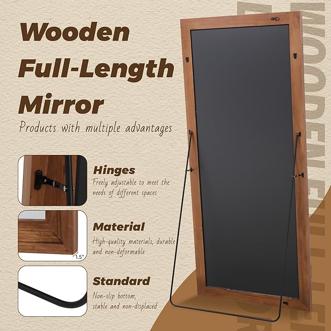 Antok Full Length Mirror with Solid Wood Frame, 76"×34" Wall Mounted Oversized Floor Mirror with Stand, Leaning Standing Hanging for Bedroom Living Room Entryway, Brown, Rect Style