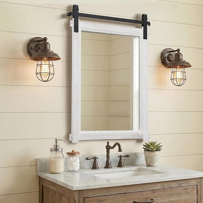 Besdomus Bathroom Farmhouse Wall Mirror: 24"x36" White Farmhouse Solid Cedar Wood Frame - Wall Vanity Mirror for Bedroom/Entryway/Bathroom Upgrade - Rustic Wall Decor for Homemakers