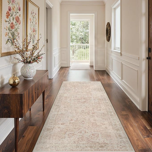 GENIMO Runner Rug 2'6"x10 Machine Washable Non Slip Vintage Hallway Runner Rug, Low Pile Lightweight Rugs for Indoor Entryway, Hallway, Kitchen and Corridor, Light Pink