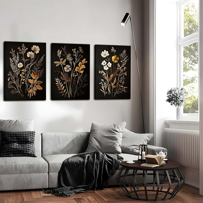 Vintage Black Flower Wall Art Decor Set of 3, Beautiful Wildflower Botanical Canvas Prints, Dark Academia Fall Floral Poster Painting Picture for Bedroom Living Room 12x16 Inch Framed