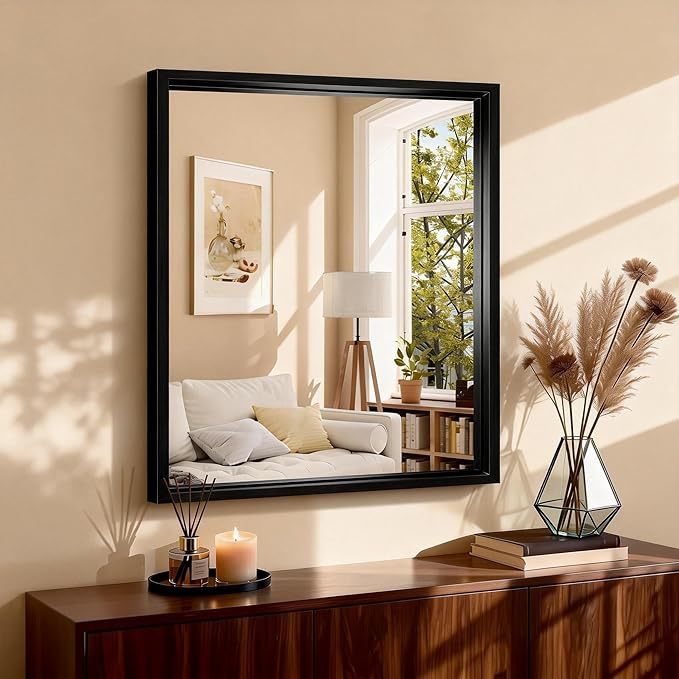 CIRCUMI 30"x36" Black Mirror with Chunky Box Metal Frame, Brushed Finish Rectangular Bathroom Mirrors for Over Sink, Living Room, Entryway, Tempered Glass Mirror for Wall, Vertical or Horizontal