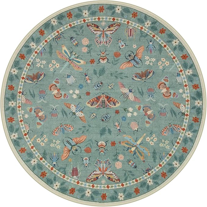 Lahome Insect Washable Round Area Rug, Soft Round Rugs 6ft Ultra-Thin Non-Slip, Boho Large Circle Carpet for Bedroom Living Room Kitchen Nursery Vionnet, Green