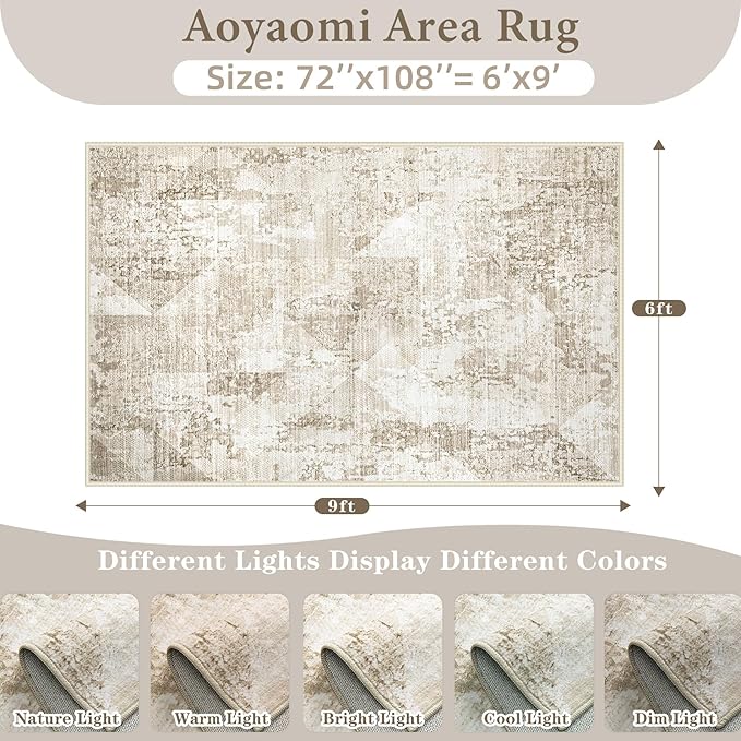 Area Rug for Living Room 6x9: Large Washable Boho Moroccan Rugs Geometric Neutral Rug, Non-Slip Foldable Morden Farmhouse Indoor Floor Carpet for Bedroom Dining Table Home(Neutral Beige, 6'X9')