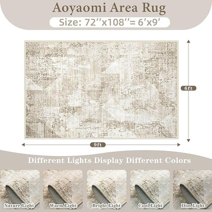 Area Rug for Living Room 6x9: Large Washable Boho Moroccan Rugs Geometric Neutral Rug, Non-Slip Foldable Morden Farmhouse Indoor Floor Carpet for Bedroom Dining Table Home(Neutral Beige, 6'X9')