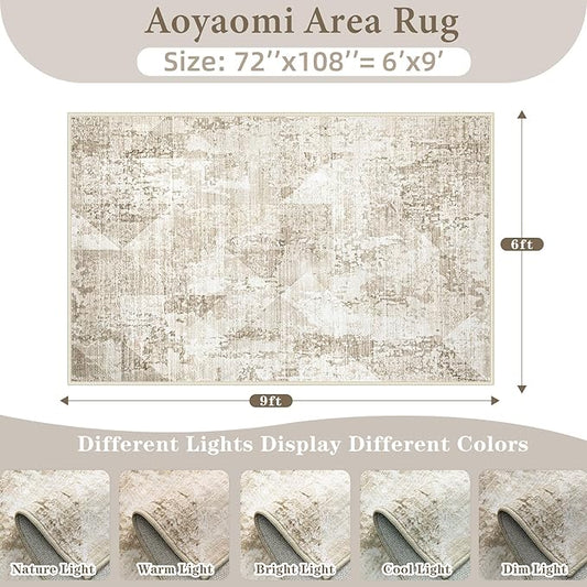 Area Rug for Living Room 6x9: Large Washable Boho Moroccan Rugs Geometric Neutral Rug, Non-Slip Foldable Morden Farmhouse Indoor Floor Carpet for Bedroom Dining Table Home(Neutral Beige, 6'X9')