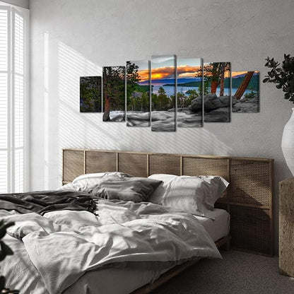 LevvArts California Sunset Picture Wall Art Emerald Bay Lake Tahoe Landscape Canvas Print USA Nature Scenery Poster Artwork Huge 7 Pieces