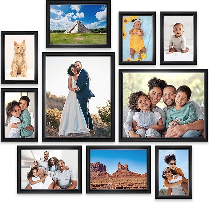 Icona Bay Combination Black Picture Frames Set - 10 PC (Five 4x6, Three 5x7, Two 8x10), Classy Contemporary Style, Maestro Collection for Wall Gallery
