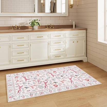 DUKINO 2x4 Rug for Hallway, Washable Kitchen Runner Rug with Non Slip Backing, Soft Low Pile Vintage Animal Runner for Bedroom, Kitchen, Hallway, Entryway, Laundry, Pink