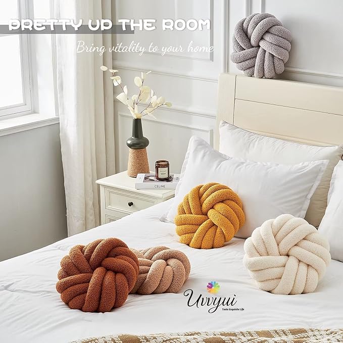 Uvvyui Knot Pillows, 14 Inch Decorative Throw Pillows Round Pillows Cushion, Soft Handmade Knotted Ball Pillow Plush Cushion Home Decor for Bed Couch Living Room (Khaki, 14 Inch)