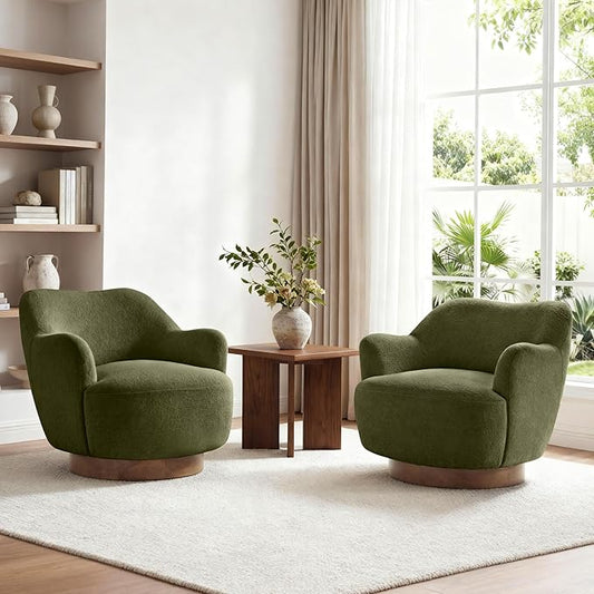 Swivel Accent Chair Set of 2,Upholstered Barrel Chair with Curves Camel Back Design,Modern Arm Chair with Wooden Base for Living Room Bedroom Reading Waitingroom,Green