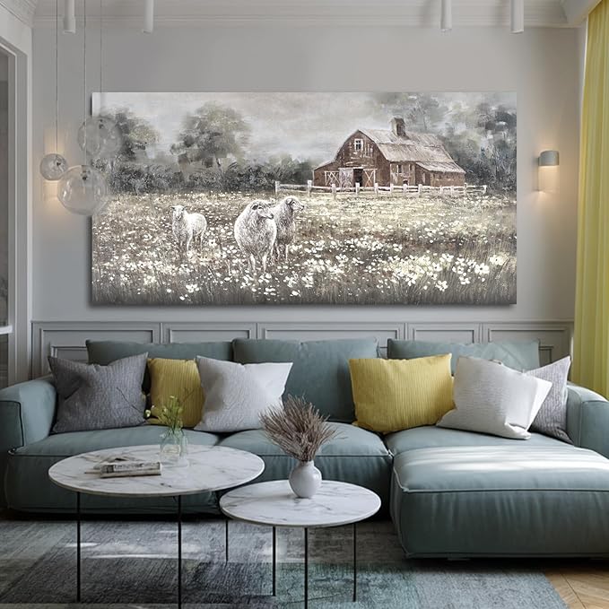 ZENPEE Sheep & Wildflower Farmhouse Wall Decor, Vintage Country Animal Landscape Canvas Print for Living Room, Bedroom & Dining, 29 x 58 Inches, Ready to Hang