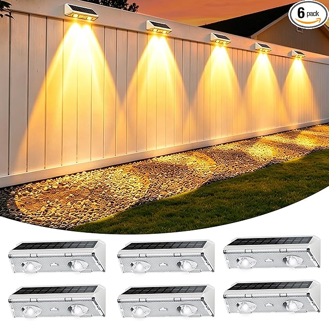 Solar Fence Lights Outdoor, 6 Pack IP65 Waterproof Fence Lights Solar Powered with Ultra-Bright LED Lens, 9 Color Modes, 12+ Hours Steady Glow for Deck/Backyard/Patio/Pool/Wall - White