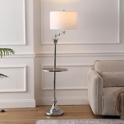 JONATHAN Y 60" Chrome Swing Arm Wood Integrated Side Tray Candlestick Tray Table Floor Lamp Traditional for Living Room Bedroom with White Linen Drum Shade LED Bulb Included JYL3055E