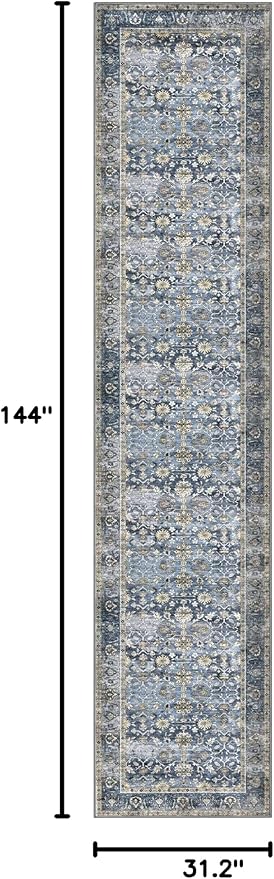 KUTA Vintage Long Runners for Hallways, 2.6x12 Blue Grey Beige Washable Non-Slip Kitchen Rugs Ultra Thin Soft Printed Distressed Oriental Floral Floor Carpet for Laundry Bedroom Living Room Nursery