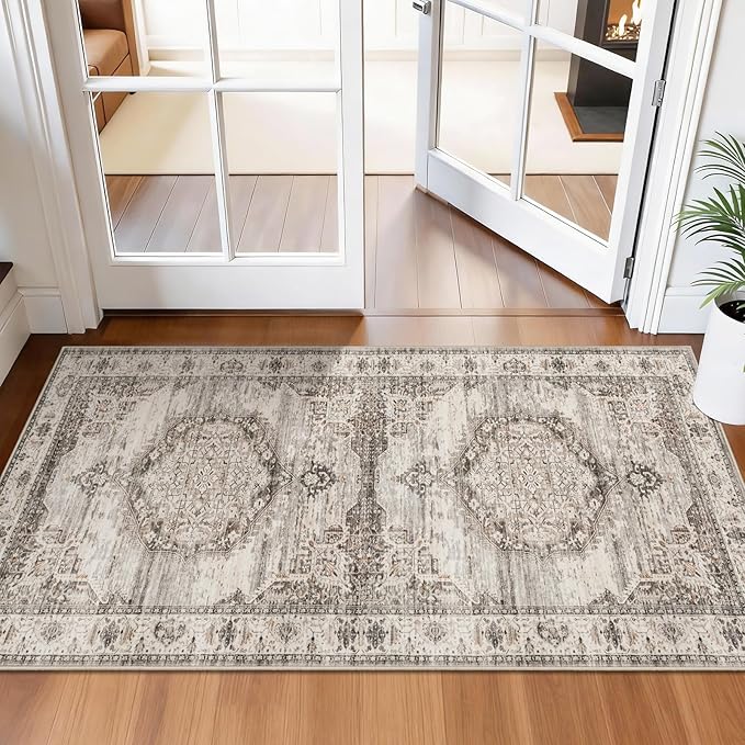 Washable Area Rugs 2x4 Entryway: Soft Ultra Thin Low Pile Mat Machine Washable Indoor Doormat Lightweight Entry Rug Anti Slip Backing Rugs for Living Room Bedroom Kitchen 2'x4' Beige
