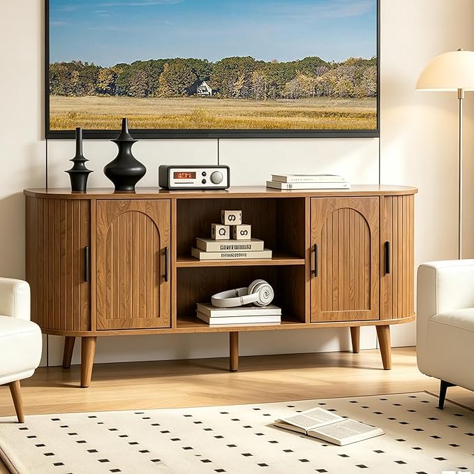 Mxtxmy 51" Fluted TV Stand, Mid-Century Modern Entertainment Center for Tvs up to 60" with Drawers and Fluted Doors, Curved TV Media Console Table with Sliding Doors for Living Room, Bedroom (51")