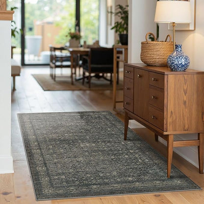 Rugxara 3x5 Washable Entryway Rug, Non Slip Boho Runner Rugs for Hallway, Entrance, Kitchen, Bathroom, Laundry Room, Soft Entryway Carpet, Throw Low Pile Retro Imitation Wool Carpet, Moss Brown