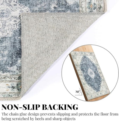 MUJOO Blue Grey Rug 8'x10' Rugs for Living Room Large Washable Area Rug Boho Rug for Bedroom Non Slip Vintage Abstract Soft Low-Pile Floral Flowers