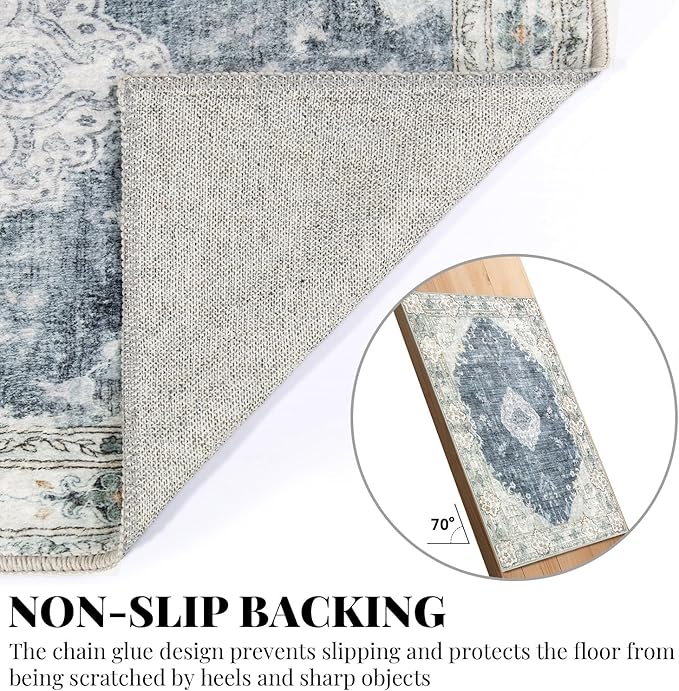 MUJOO Hallway Runner Rug 2'x8' Blue Grey Long Rug Runners Boho Machine Washable Non Slip Carpet for Entryway Kitchen Bathroom Bedside Retro Soft Low-Pile Blossom