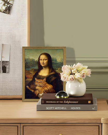 Funny Mona Lisa Cat Wall Art, Vintage Renaissance Mona Lisa Holding Orange Tabby Cat Canvas Print, Classic Abstract Art Painting Poster for Bathroom Living Room Bedroom Home Decor 8x10 Inch Framed