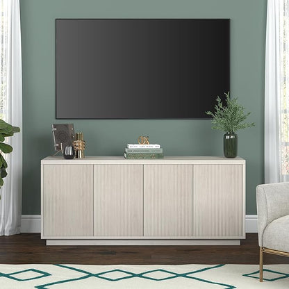 Henn&Hart Fluted TV Stand for TVs up to 65" with 2 Concealed Ribbed Storage Cabinets and Adjustable Shelves for Living Room, Family Room, or Office, Beech White