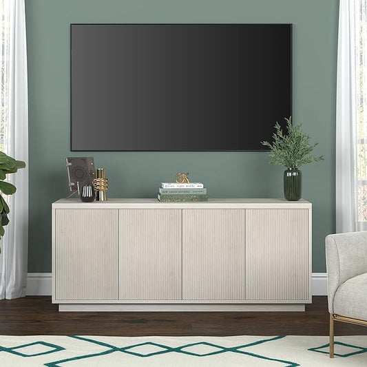 Henn&Hart Fluted TV Stand for TVs up to 65" with 2 Concealed Ribbed Storage Cabinets and Adjustable Shelves for Living Room, Family Room, or Office, Beech White
