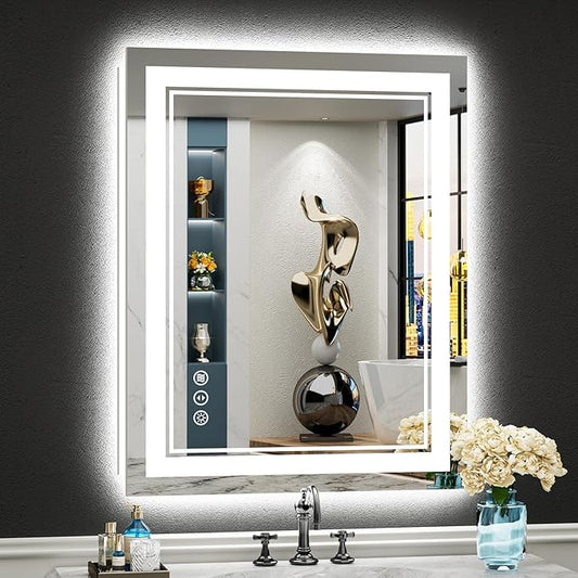 24x30 LED Bathroom Mirror with Lights, Backlit and Front Lit Anti-Fog Lighted Vanity Mirrors for Bathroom Wall, Dimmable, 3-Color Light, Memory, Shatter-Proof, HD Tempered Glass, CRI＞90