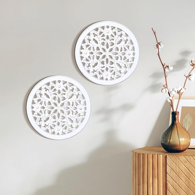 Woodify Hand-Carved Wooden Wall Décor – Set of 2, 12" x 12" Decorative Wood Panels, Floral Design, White Antique Finish, Wall Art for Living Room & Home Décor