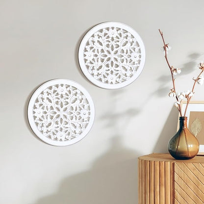 Woodify Hand-Carved Wooden Wall Décor – Set of 2, 12" x 12" Decorative Wood Panels, Floral Design, White Antique Finish, Wall Art for Living Room & Home Décor